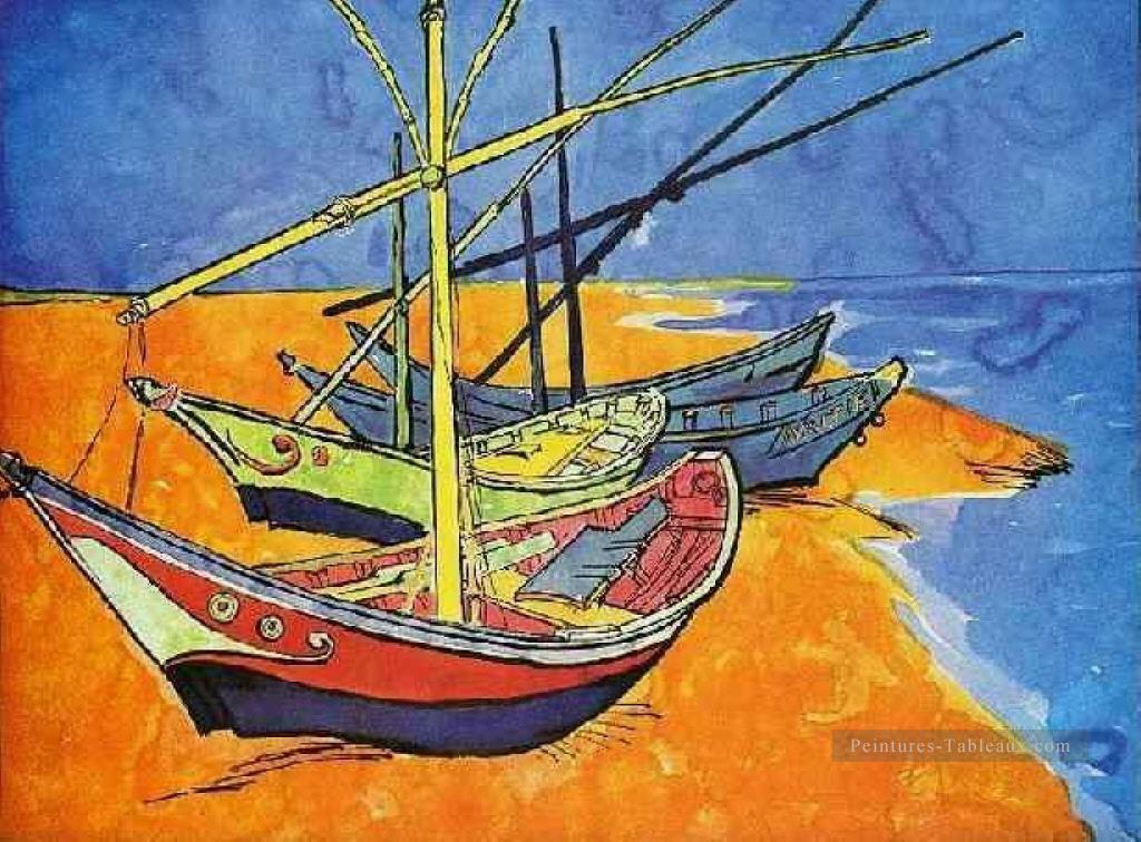 Bateaux de pêche sur la plage à Saintes Maries de la Mer Vincent van Gogh Peintures à l'huile